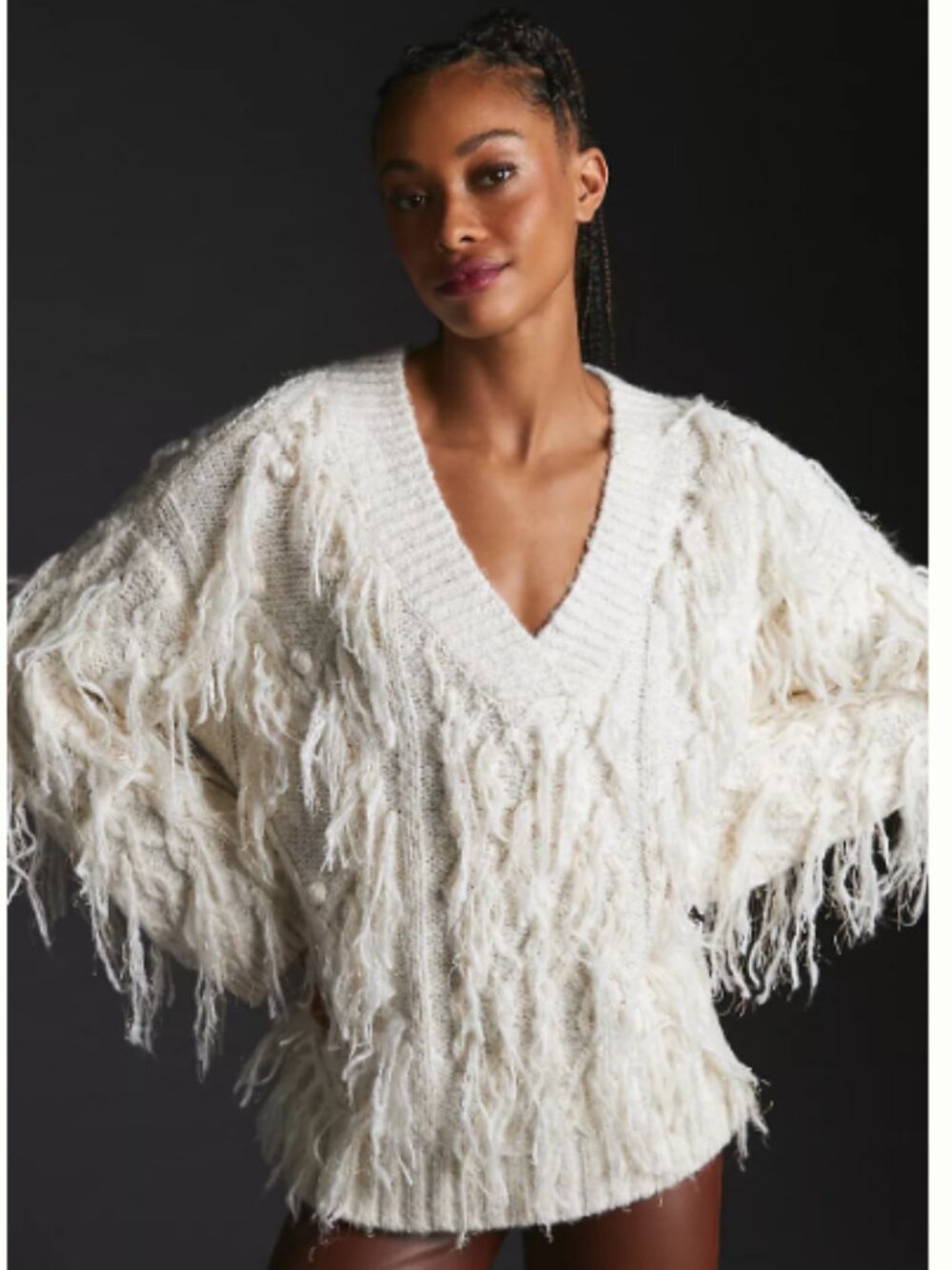 Anthropologie Shaggy Fringe Cable Knit V-Neck Sweater Cream Gold Size Small